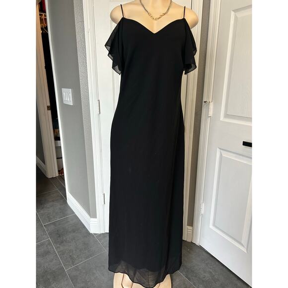 Onyx Nite Black Cold-Shoulder Chiffon Maxi Dress – Size 14 – Made in USA - Picture 5 of 6